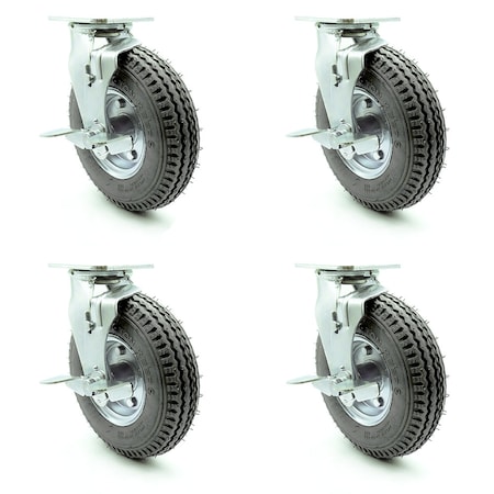 Service Caster 8 Inch Gray Pneumatic Wheel Swivel Casters with Brakes Set SCC-100S280-PNB-GRY-TLB-4